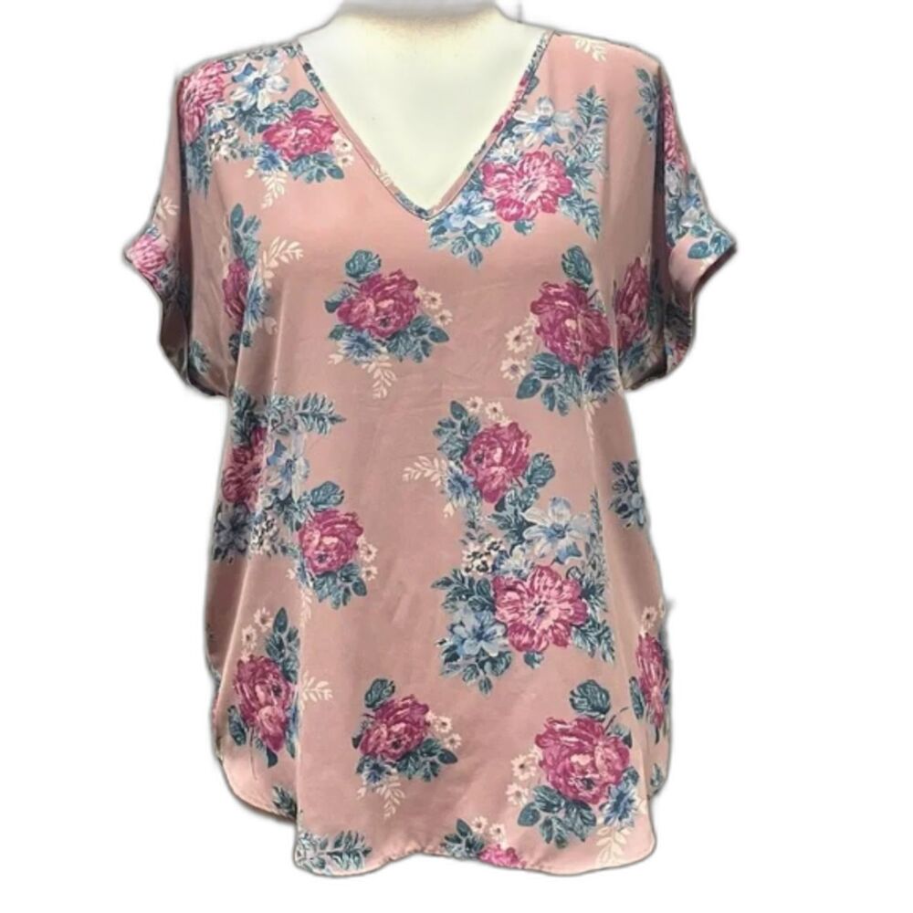 HIPPIE ROSE Junior’s Back-Zip Cuff-Sleeved Top, Purple Floral Size L - Picture 5 of 6